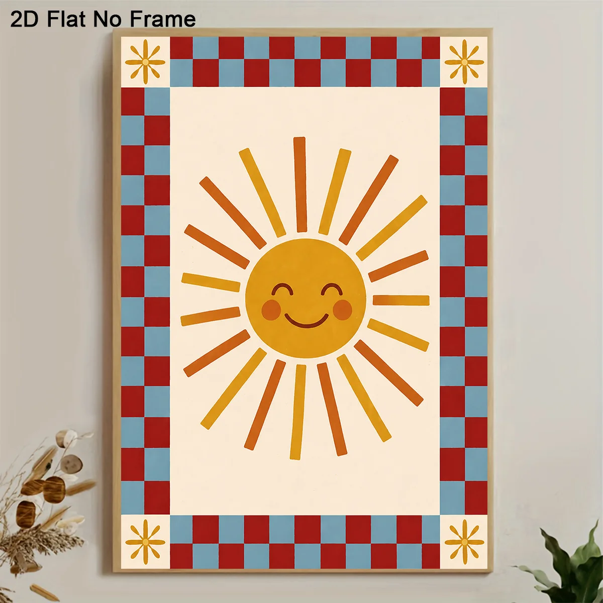 2D Flat, 2D Flat 1pc Frameless Canvas Poster Smiling Sun Illustration with Red and Blue Checker Border Warm Minimalist Sunshi