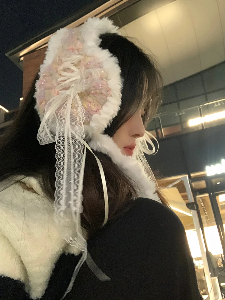 Pink  Knot Plush Ear Muffs Women's Winter New Style Atmosphere Sensation Ear Covers Warmth Cold Proof Windproof