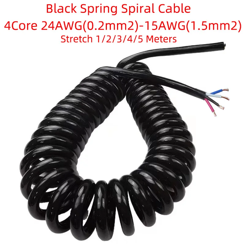 4Core Black Spring Spiral Cable Telescopic 22/20/18/17/15/13AWGWire 0.3mm2-2.5mm2 Stretch1to5Meters Stretchable Shrinkable Cable