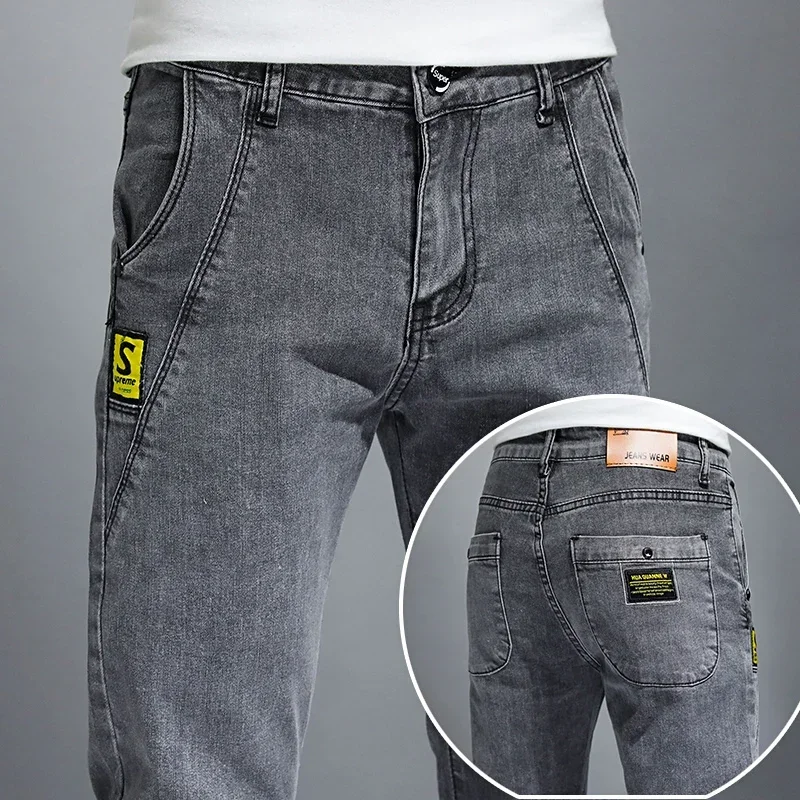 

2026 New Fashion Korean Men's Stretch Jeans Slim Simple Denim Pants Casual Skinny Trousers Streetwear Male Clothes Dark Blue