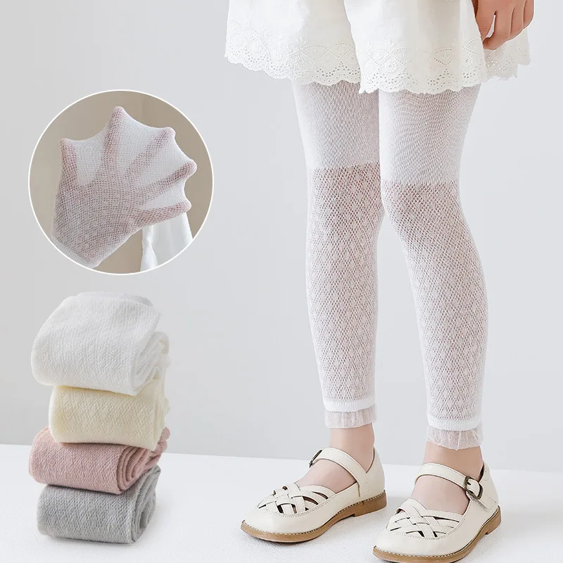 2023 Summer Girls Lace Mesh Hollow Korean Leggings Kids Tight Pants Cotton 1-7Yrs Children's Clothing Solid Color Trousers