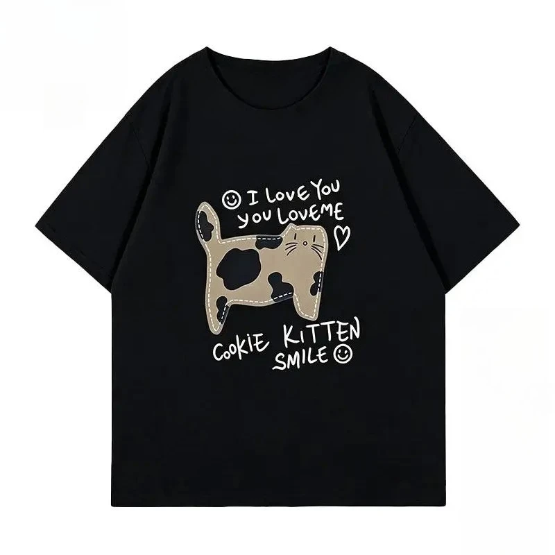 Cartoon Cat Printed Men's and Women's T-shirt Personalized Short Sleeved Fashionable Casual Round Neck Sale Clothes for Women