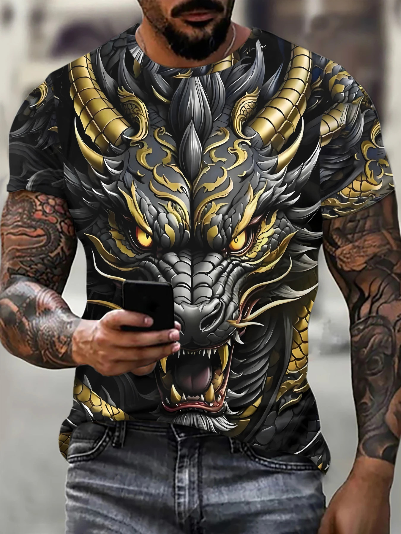 

Fashion 3D Chinese Loong Pattern T Shirt For Men Hip Hop Trend Harajuku Streetwear Casual O-neck Short Sleeve Summer Loose Tops