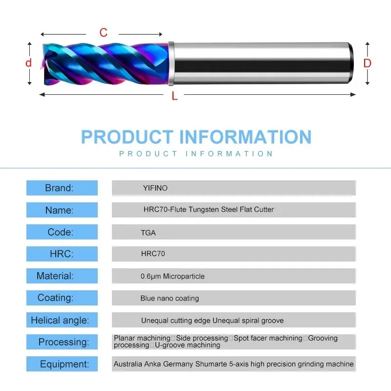 YIFINO Blue Nano Coating 4-Flute Tungsten Steel Carbide Falt Milling Cutter TGA-HRC70 CNC Mechanical Center End Mill Tools