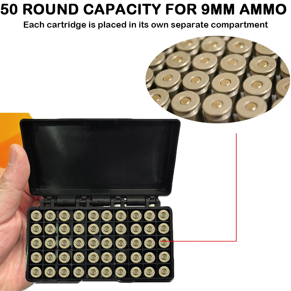 50 Rounds Portable Ammo Storage Box Tactical Bullet Box Pistol Bullet 9mm Caliber Hunting Accessories