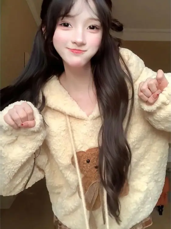 Cute Bear Print Hoodie And Plaid  Skirt Two-Piece Set for Women Autumn Winter Thiened Long Sve round Ne Casual Sle