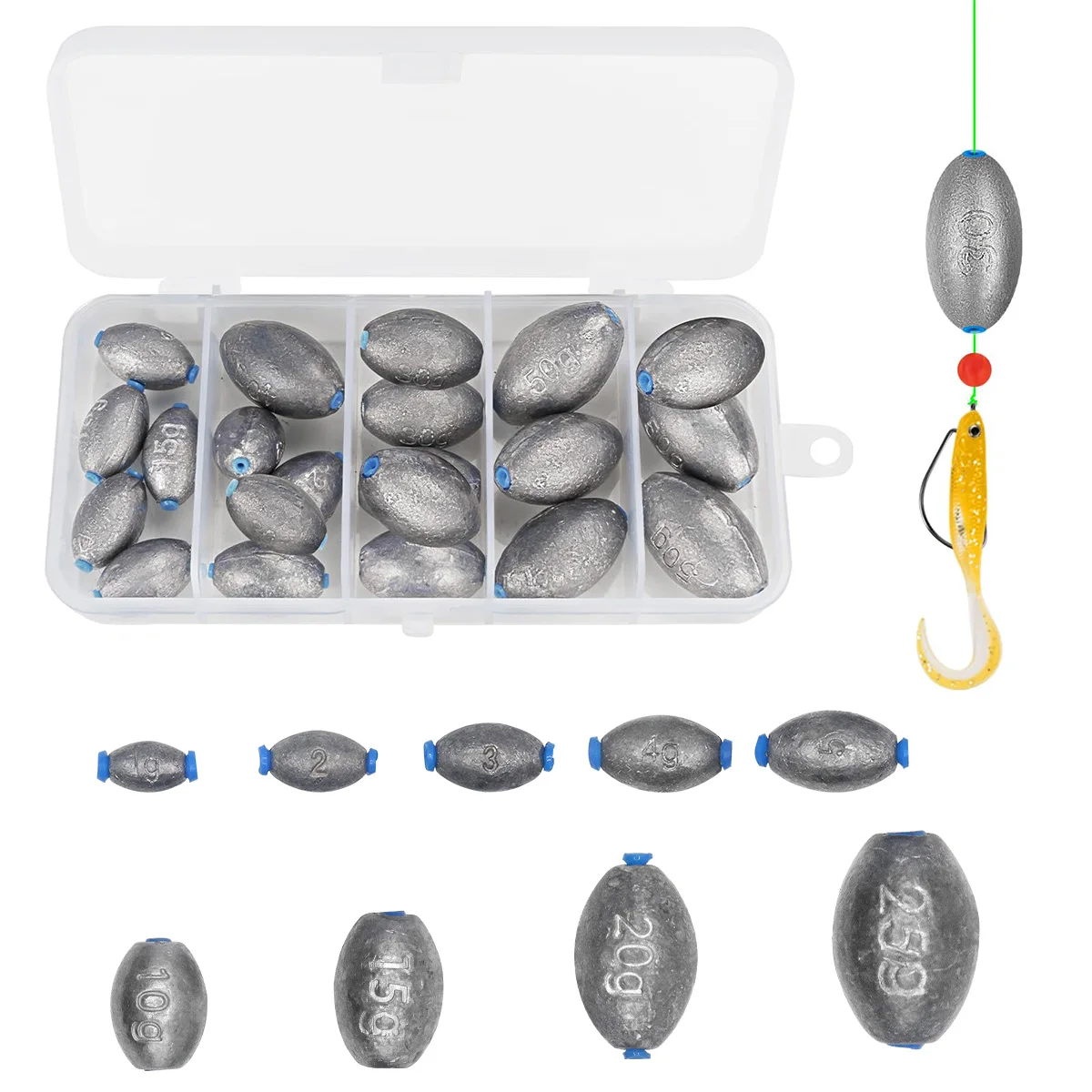 

Egg Fishing Sinkers Weights Assortment Lead Oval Shape Bass Casting Worm Bullet Tackle for Saltwater Freshwater Fishing