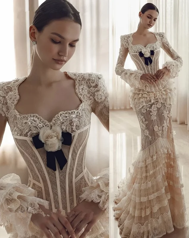 Champagner Meerjungfrau Kirche Brautkleider Luxus Spitze Applikation Langarm Boning Top Garten Brautkleid Outfit Maßgeschneidert