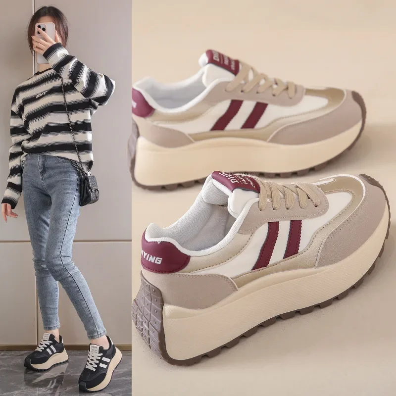 Zapatos de mujer con suela gruesa para otoño y primavera, zapatillas informales de cuero con diseño de patchwork, zapatos vulcanizados informales para mujer, calzado femenino.