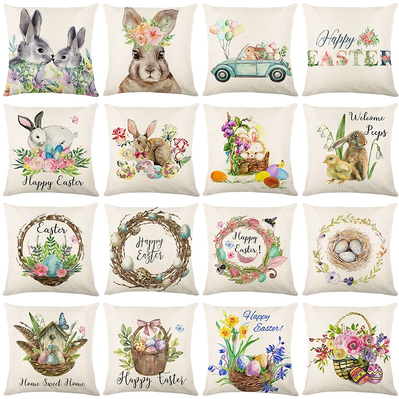 Spring Easter Home Decor Cushion Cover Flowers Bunny Eggs Printed Pillow Cover Easter Decorations Square Linen Throw Pillowcase