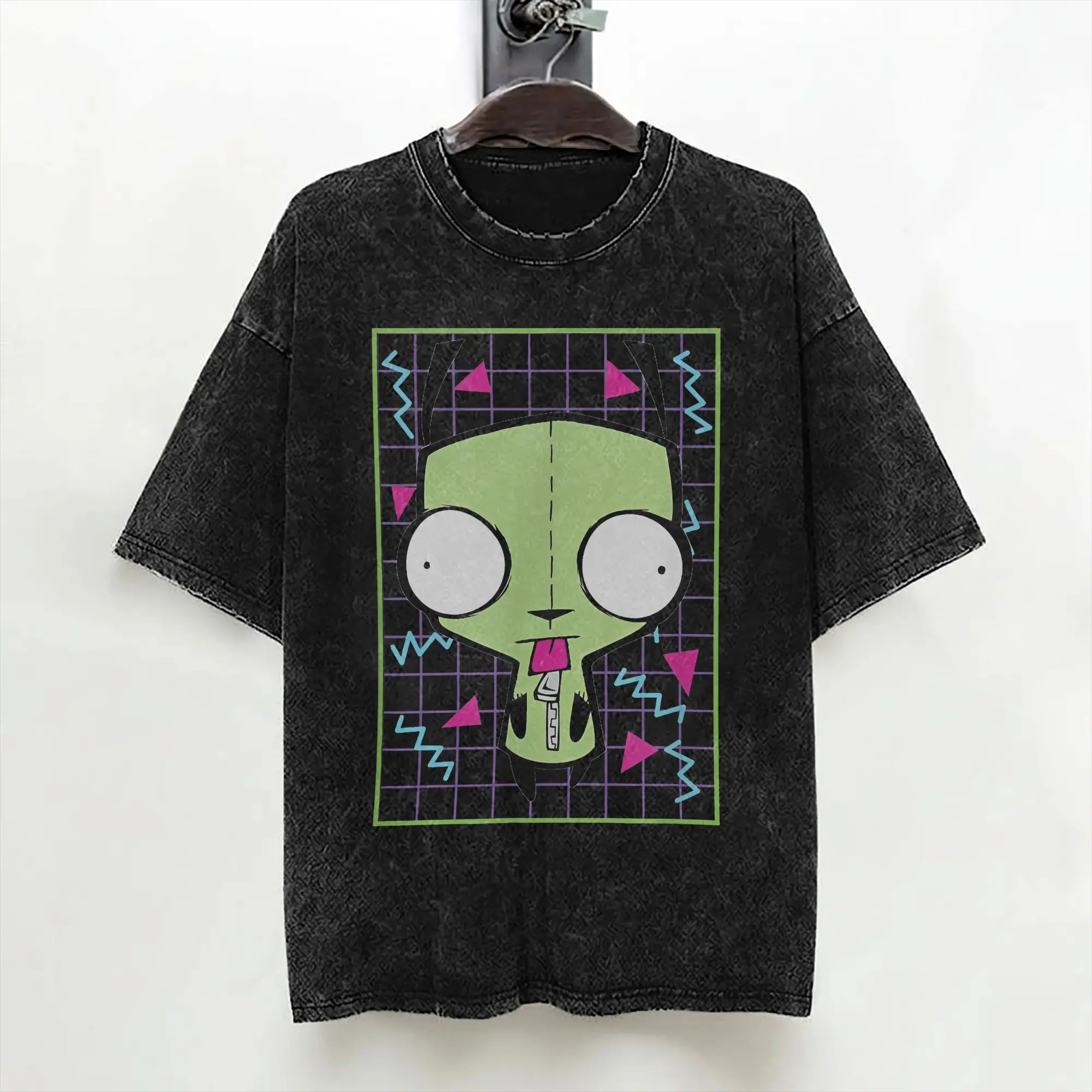 Cartoon Invaders Zim Gir Washed T Shirt Streetwear Vintage T-Shirt  Tees Men Women Cotton Oversize Graphic Printed