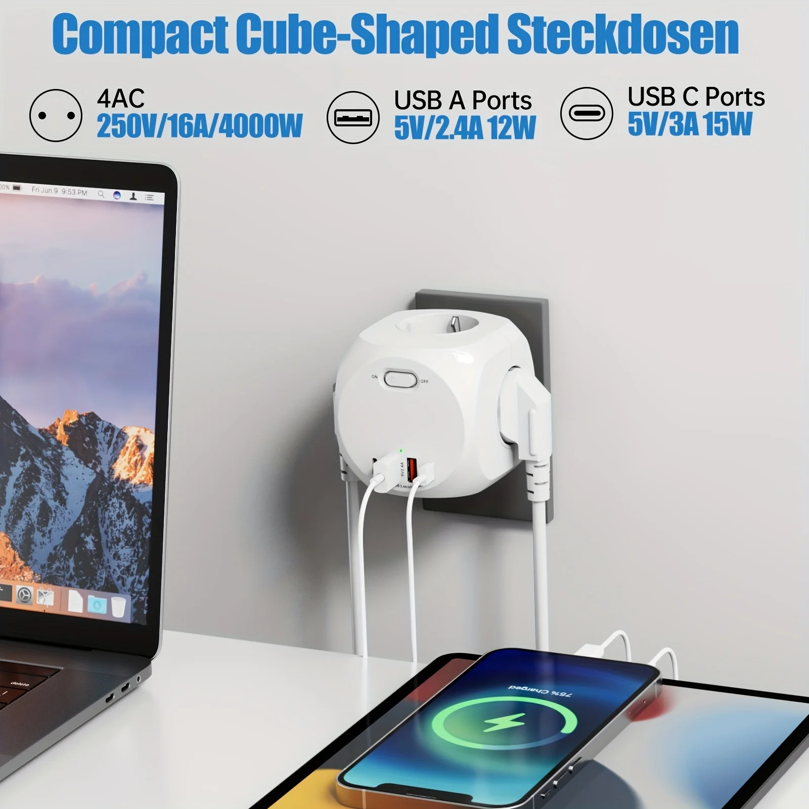 4000W EUプラグ電源タップキューブ、4口コンセント、4USBポート、ヨーロッパ対応マルチソケットアダプター、家庭用壁掛け充電ON/OFFスイッチ付き