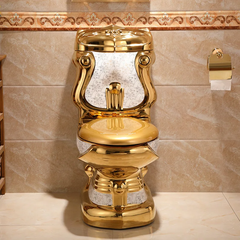 Vintage Golden Plated Color Bathroom Sanitary Ware Luxury Bowl And Pedestal Wash Basin Sink Royal Ceramic Two Piece Toilet Set