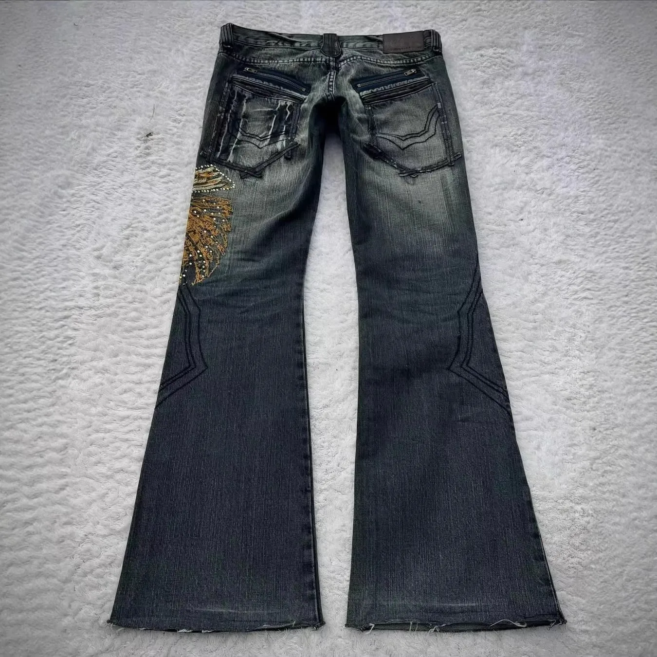 Heavy Embroidery Cross Stitched Denim Jeans Men's Women's Vintage Punk High Street Long Pants Cotton Casual Low Waist