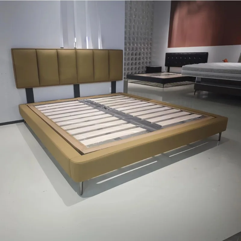 thin headboards and master bed, modern minimalist space-saving genuine leather bed, secondary bed, children's double soft bed
