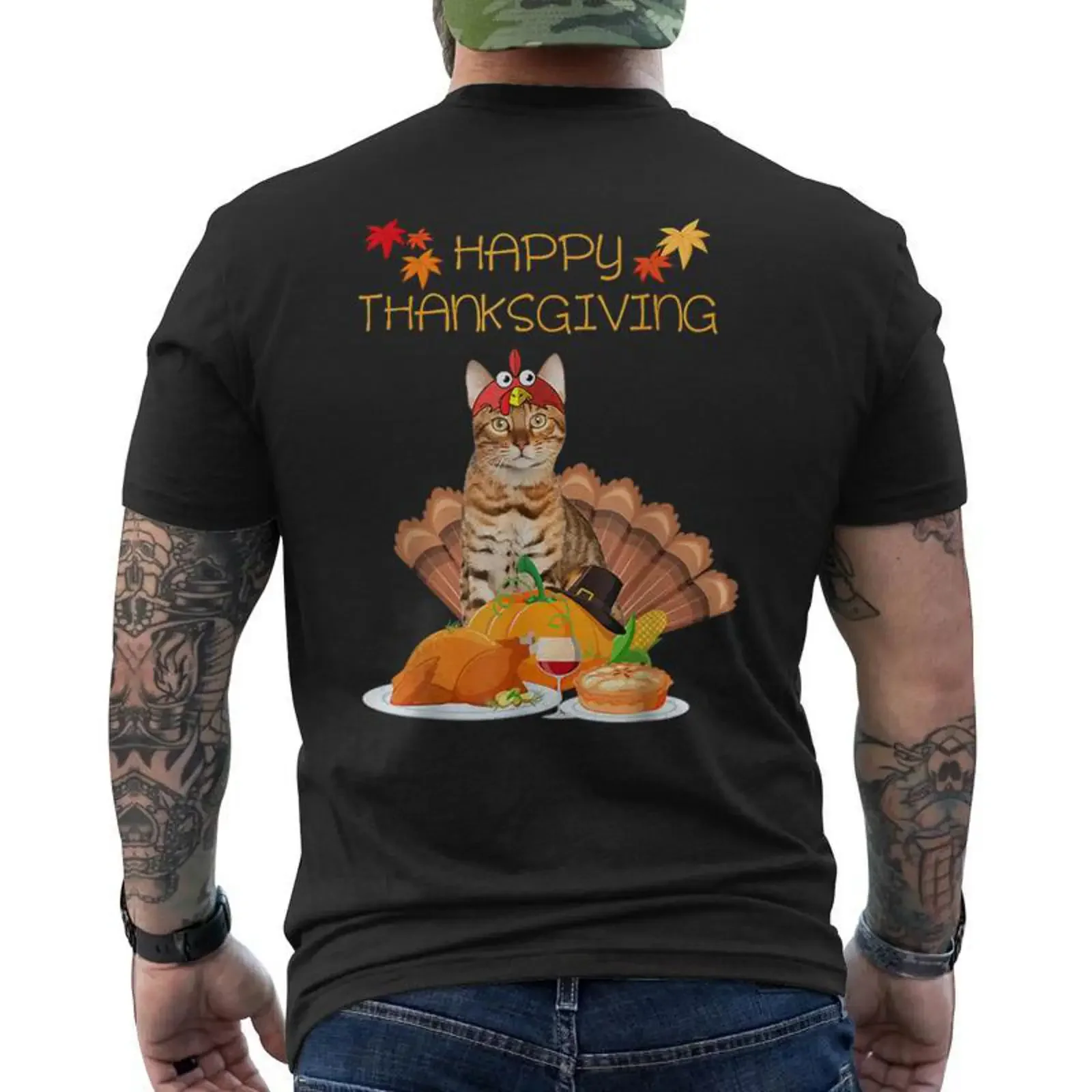 Happy Thanksgiving Day Bengal Cat Turkey Men's T shirt Back Print Monsterry vintage Washed Versatile Soft Casual