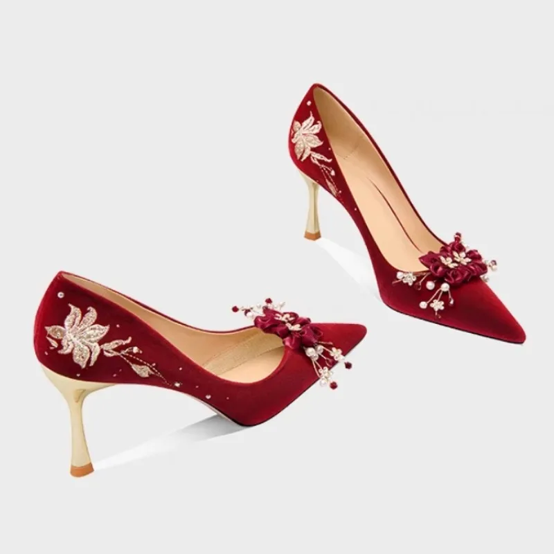 Flowers Red Senior Wedding Shoes Chinese Xiuhe Dress Two Wear Wedding Wedding Shoes 2025 New Not Tired Feet Stiletto Heels