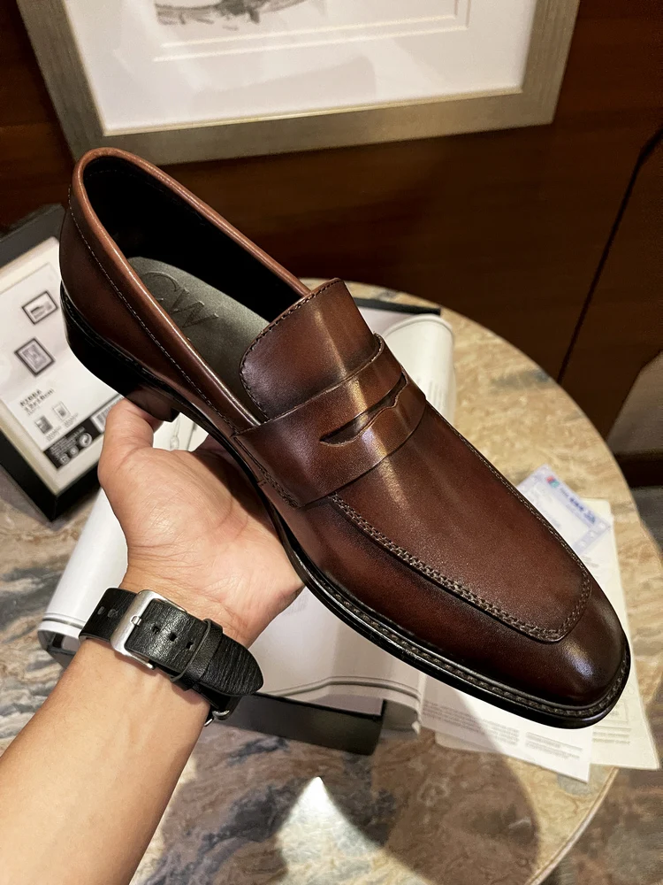 

Genuine Leather Slip-On Formal oes Thi Bot Wedding om Brown Color Rubbing Busin Casual Loers for Men