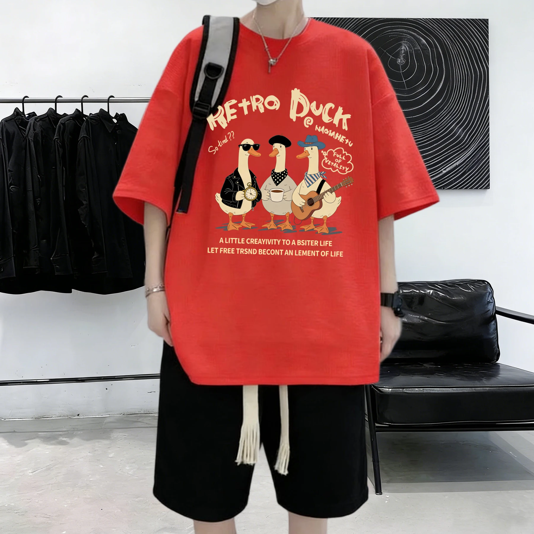 Retro Duck With Free Time Prints Summer 21 Colors T-Shirt Cotton Men Korean Soft Streetwear Commute Breathable Short Sleeve