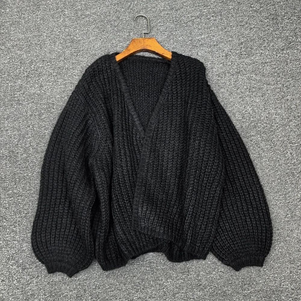 سترة نسائية من مزيج الصوف الموهير، سترة علوية متماسكة كبيرة الحجم مخرمة 2025 خريف/شتاء وصول جديد طراز Y2K #4