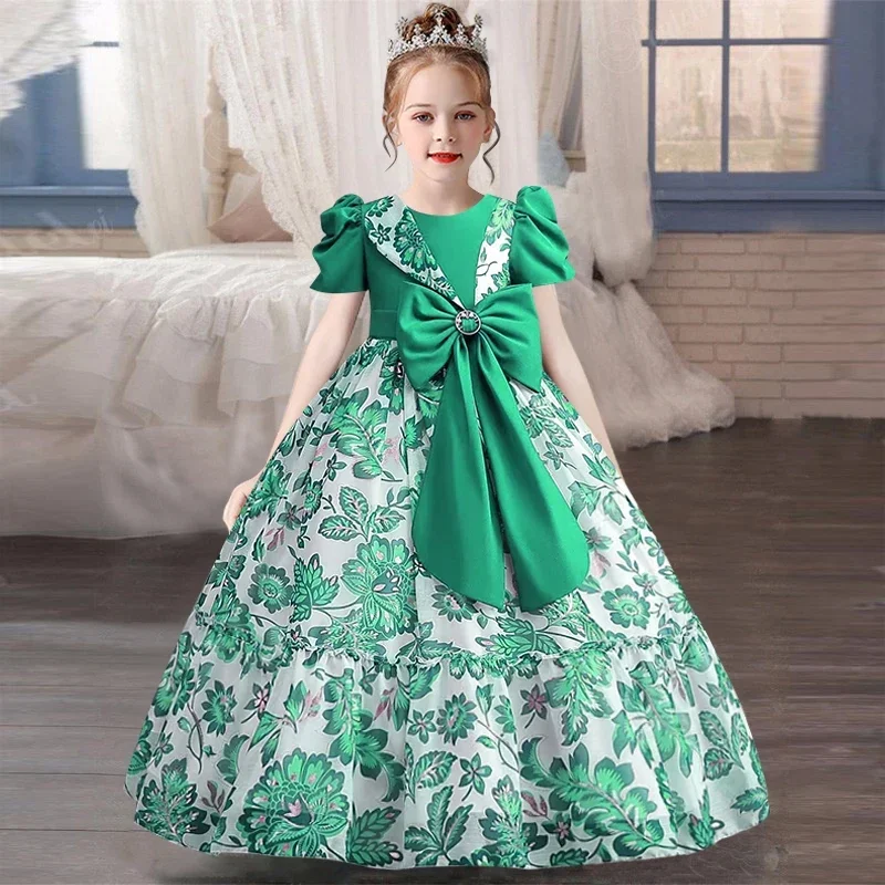 

4-12year New Summer Girls' Dress Chiffon Big Bow Party Dress Printed Outgoing Photography Clothing 4-12 Year Old Childrens Cloth