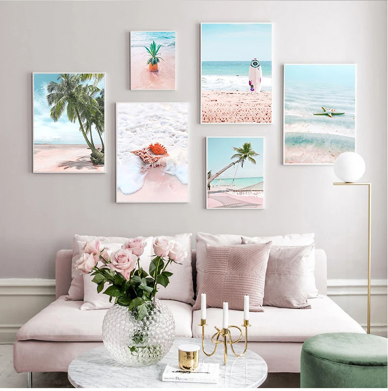 Pink Sea Beach Shell Pineapple Hammock Nordic Posters And Prints Wall Art Canvas PaintingWall Pictures For Living Room Decor