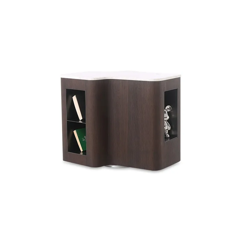Modern Minimalist Rotatable Bedside Table 3D Veneer Marble Top Solid Wood Multilayer Nightstand with Stainless Steel Storage