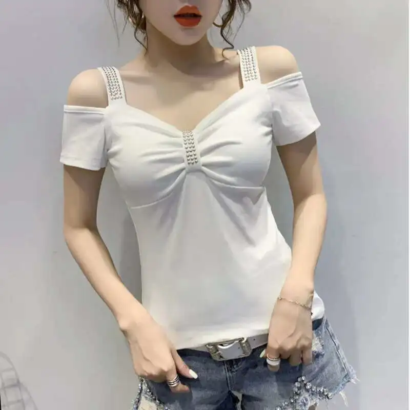 #5530 Stretch Cotton Short Off Shoulder T Shirt For Women V Neck Rivet Tight T Shirts Female Short Sleeved Slim Sexy Tops Summer