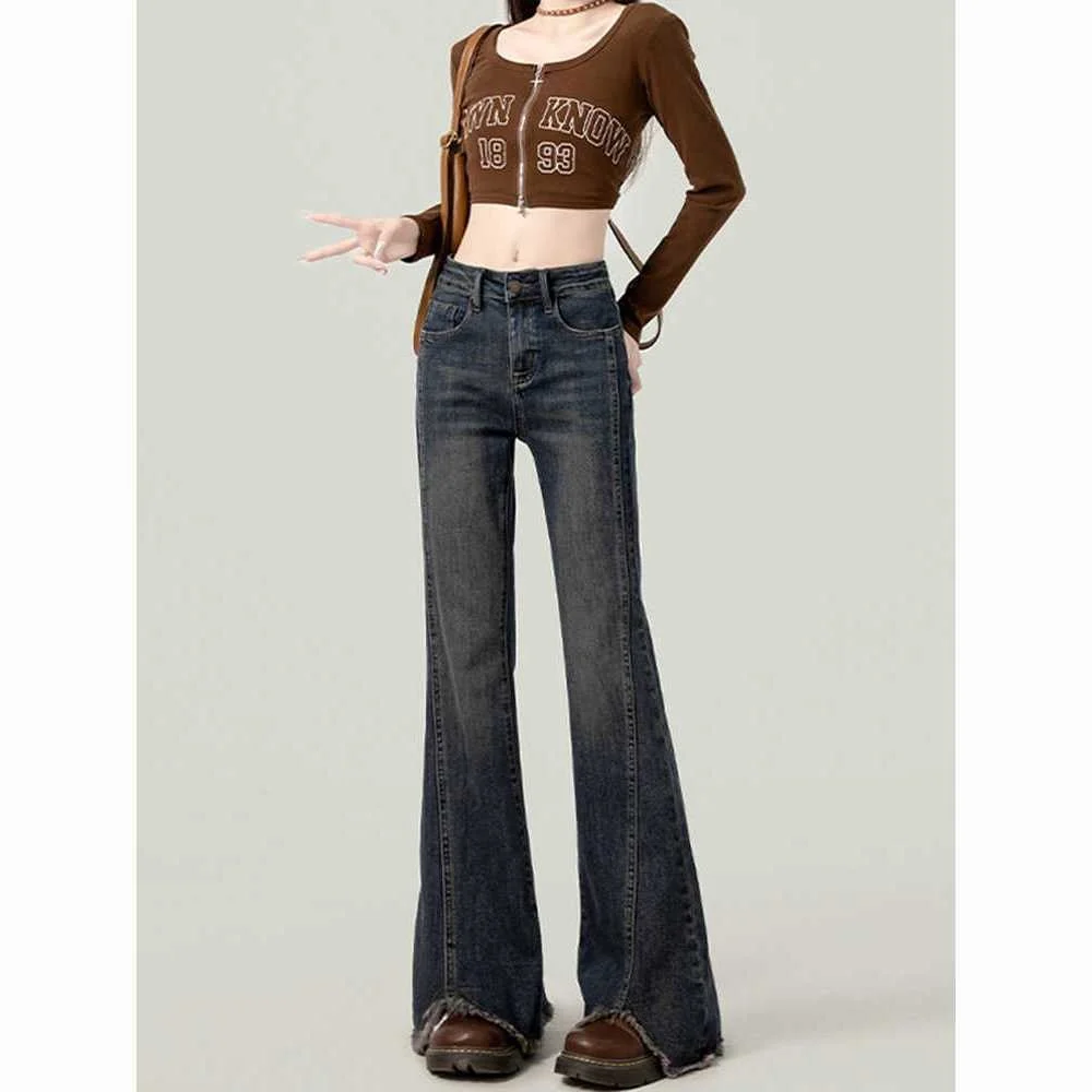 

Джинсы Bootcut Короткие женские кофейные эластичные клубные консервативные европейские усы цветные модные пояса на пуговицах с рюшами и сложенными штабелями