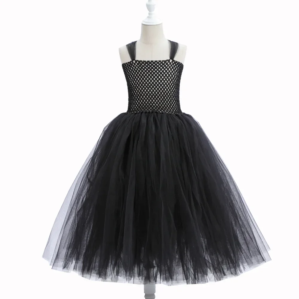 Mädchen Cosplay Kostüm Kleid Kinder Böse Königin Rollenspiel Outfit Schwarzes Federflügel Netz-Tutu-Kleid für Halloween Karneval – Detail 7