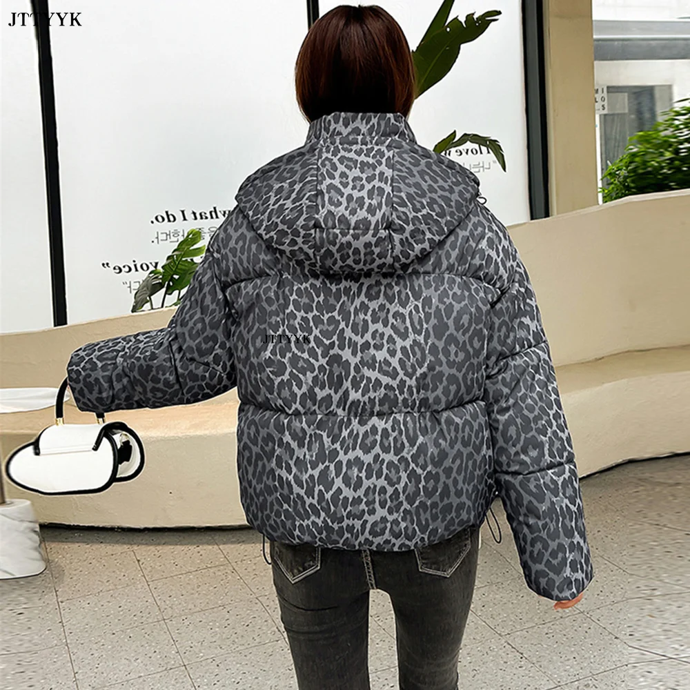 Loose Leopard Print Winter Down Jacket Women\'s Warm Padded Cotton Coat Fashion Hooded Short Parkas 2024 New Female Outerwear