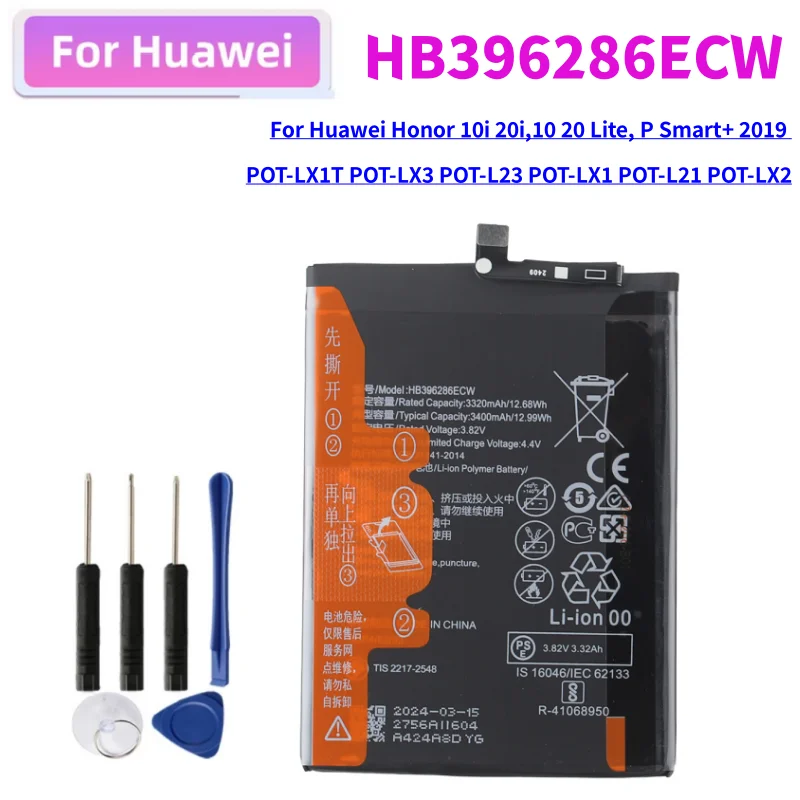 HB396286ECW Battery For Huawei Honor 10i 20i,10 20 Lite, P Smart+ 2019 POT-LX1T POT-LX3 POT-L23 POT-LX1 POT-L21 POT-LX2+Tools