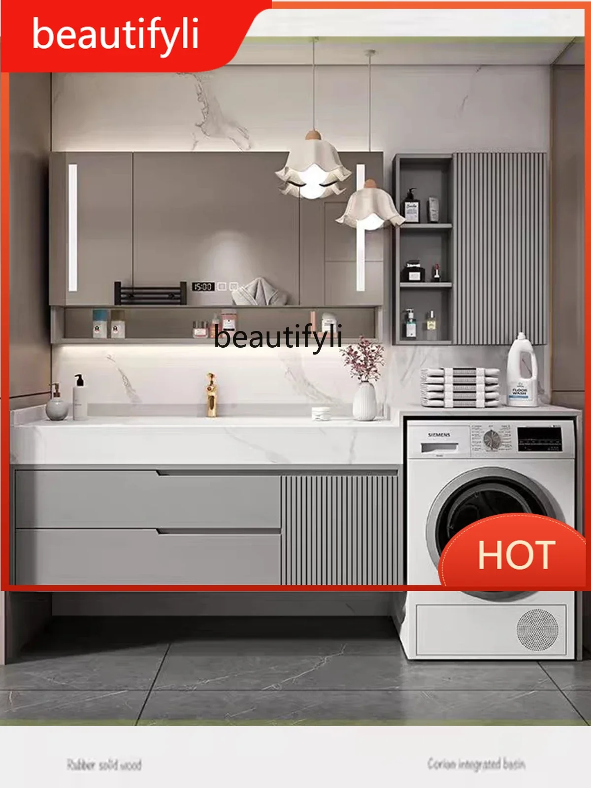 

54Oak Stone Plate Seamless Basin Bathroom Cabinet Washing Machine Integrated Washbasin Combination Washstand