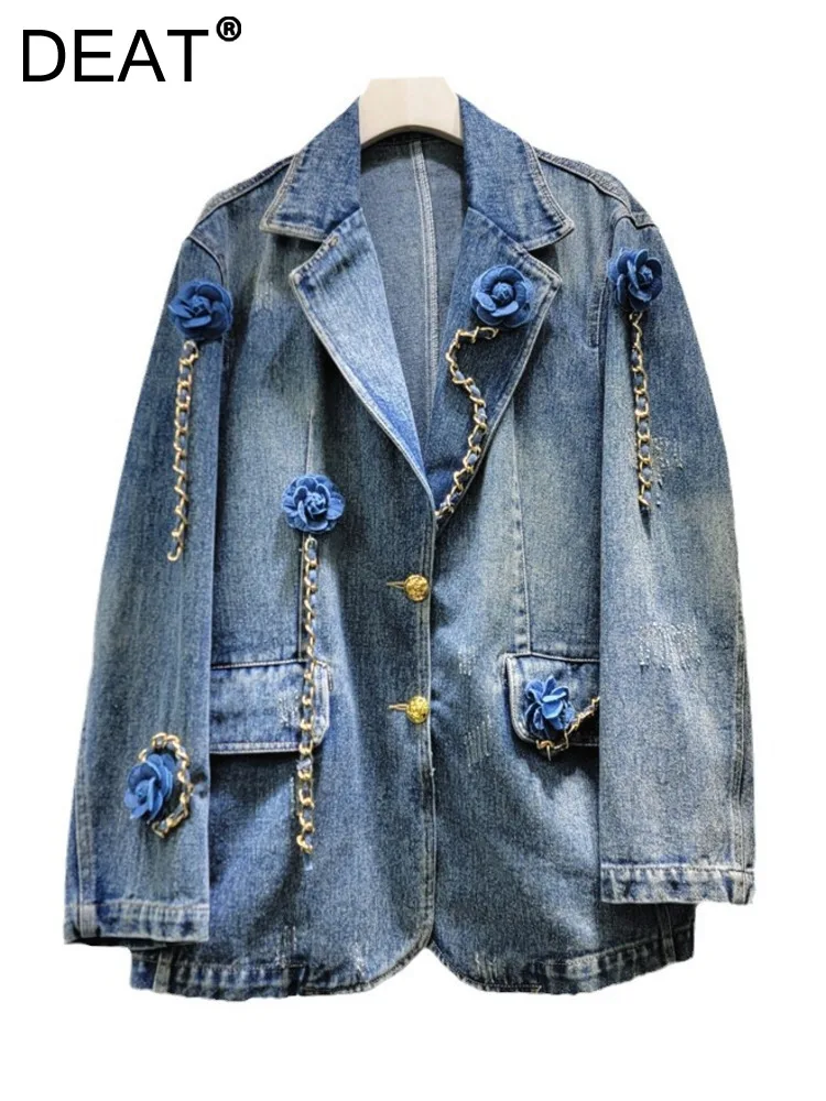 DEAT Women Denim Blazer Patchwork Flowers Gold Chains Washed Notched Collar Elegant Suit Jackets 2024 Autumn New Fashion 29L7924