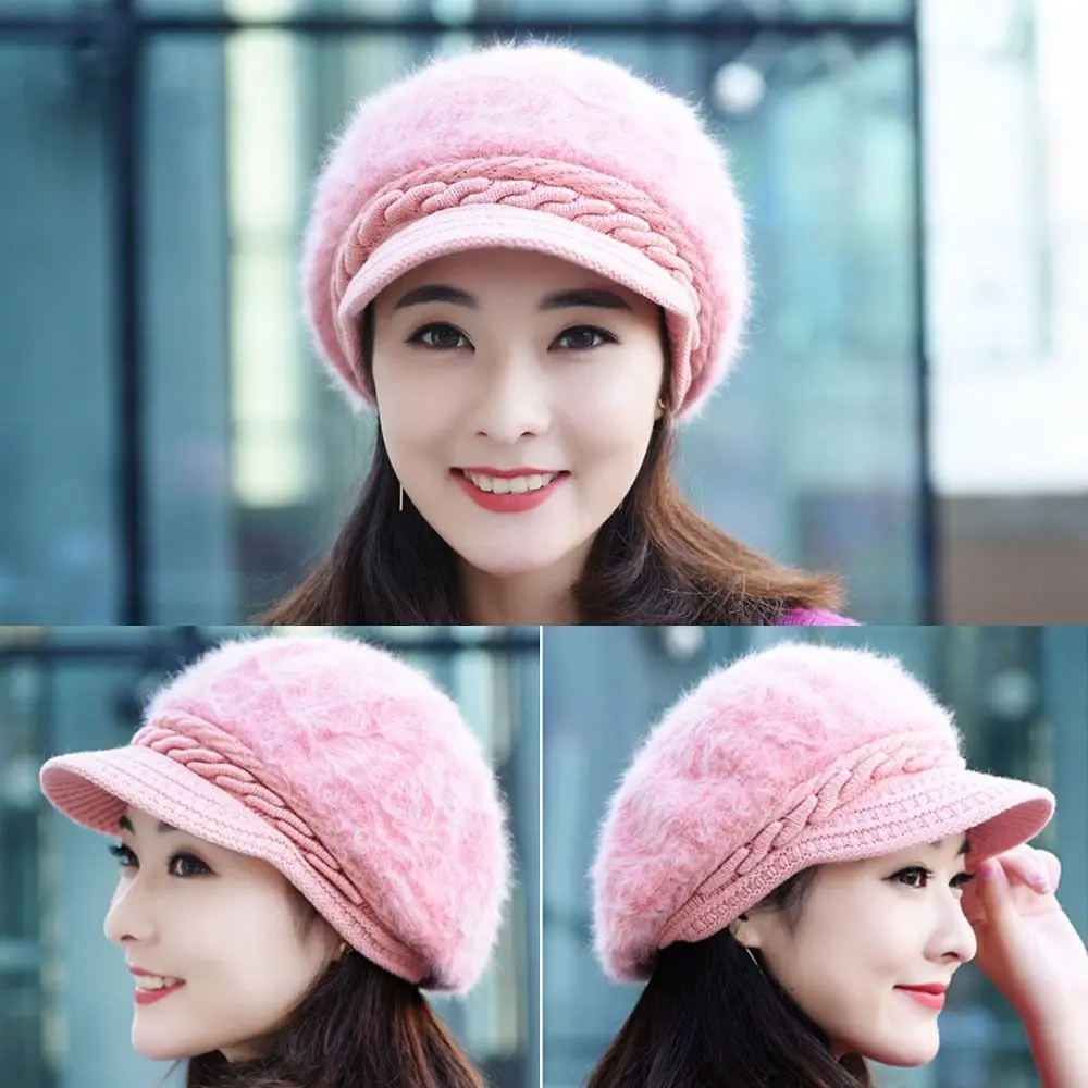 Vintage Thicken Warm Winter Beret Hat Knitted Faux Rabbit Fur Cosy Hat Casual Skullcap Women