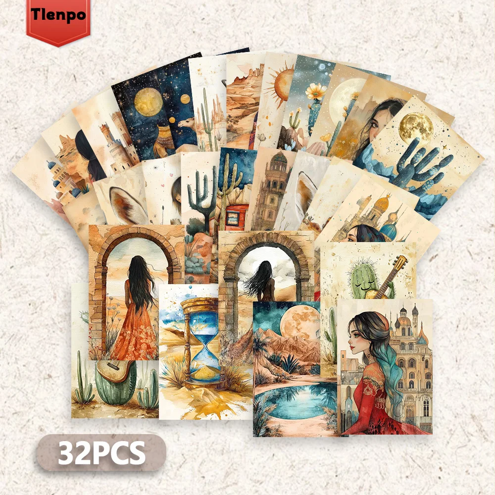 32 Stück Vintage-Illustrationspostkarten, Wüsten-Thema, Innenschlafzimmerdekoration, Wandaufkleber, Nachrichtenkarten, Grußkarten, Gedenkkarten