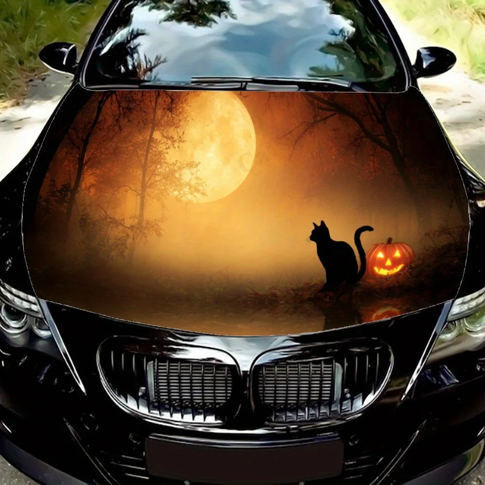 

Halloween Night Cat & Pumpkin Pattern car hood stickers, waterproof self-adhesive, scratch resistant, easy to stick, durable car
