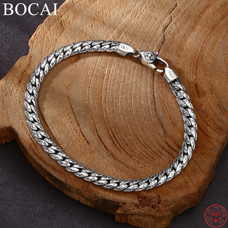 BOCAI S925 Sterling Silver Charms Bracelets for Women Men New Fashion Hammer Texture Pattern Flat Snake-chain Jewelry