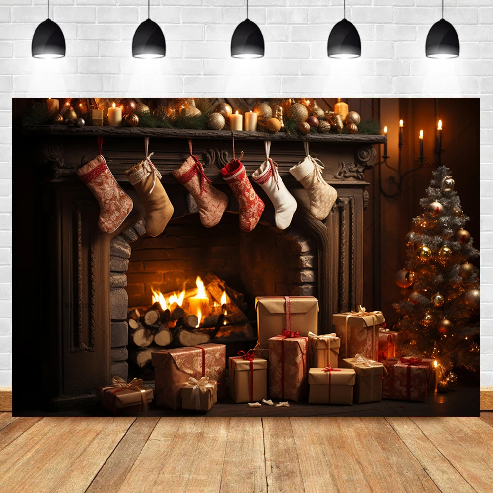 Winter Brick Fireplace Burning Fire Backdrop Custom Merry Christmas Family Party Banner Photography Backgrounds For Photo Studio