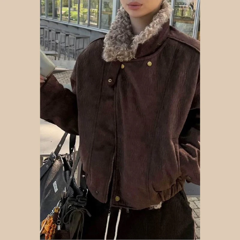 

Casual Standing Collar Solid Coat Faux Fur Patchwork Elastic Hem Loose Full Sleeve Short Jacket Winter High Street Fashion Wear
