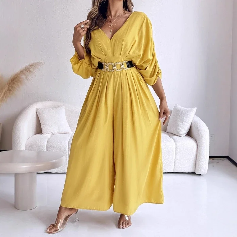 

One Piece Jumpsuits Women Short Sleeve V Neck Overalls Wide Leg Long Pants High Waist Rompers Streetwear Work conjoined trousers
