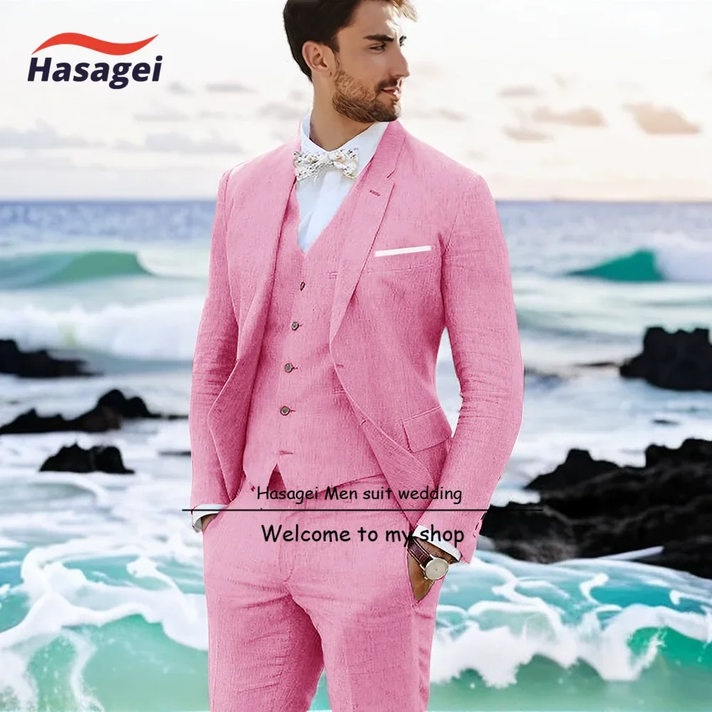 Summer Linen Suit for Men Beach Wedding Tuxedo Jacket Pants Vest 3-piece Set Groom Customized Blazer Set