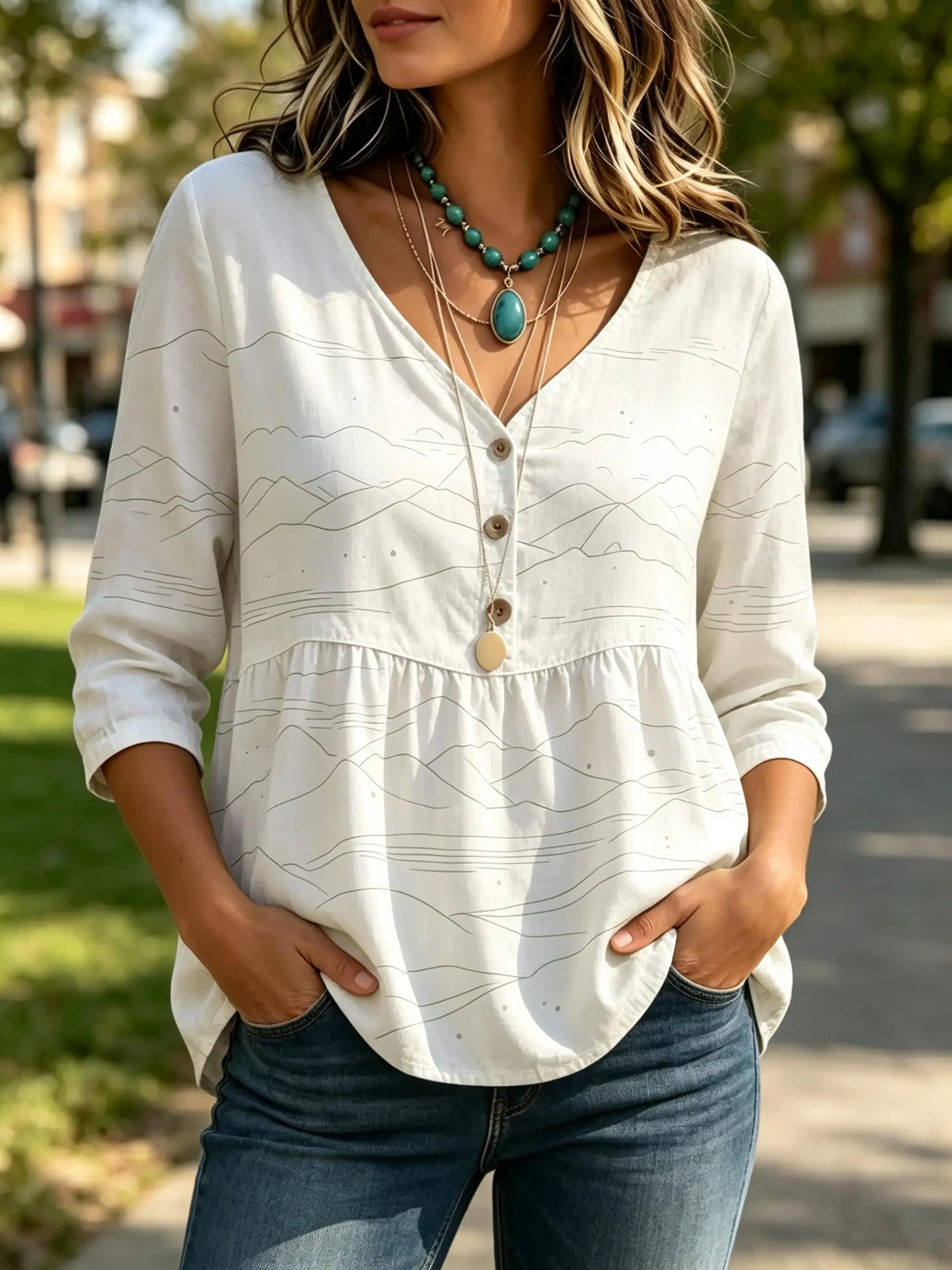 Women Loose Babydoll Tunic Top, Minimalist Line Art Print, V Neck Half Button 3/4 Sleeve Casual Daily Blouse