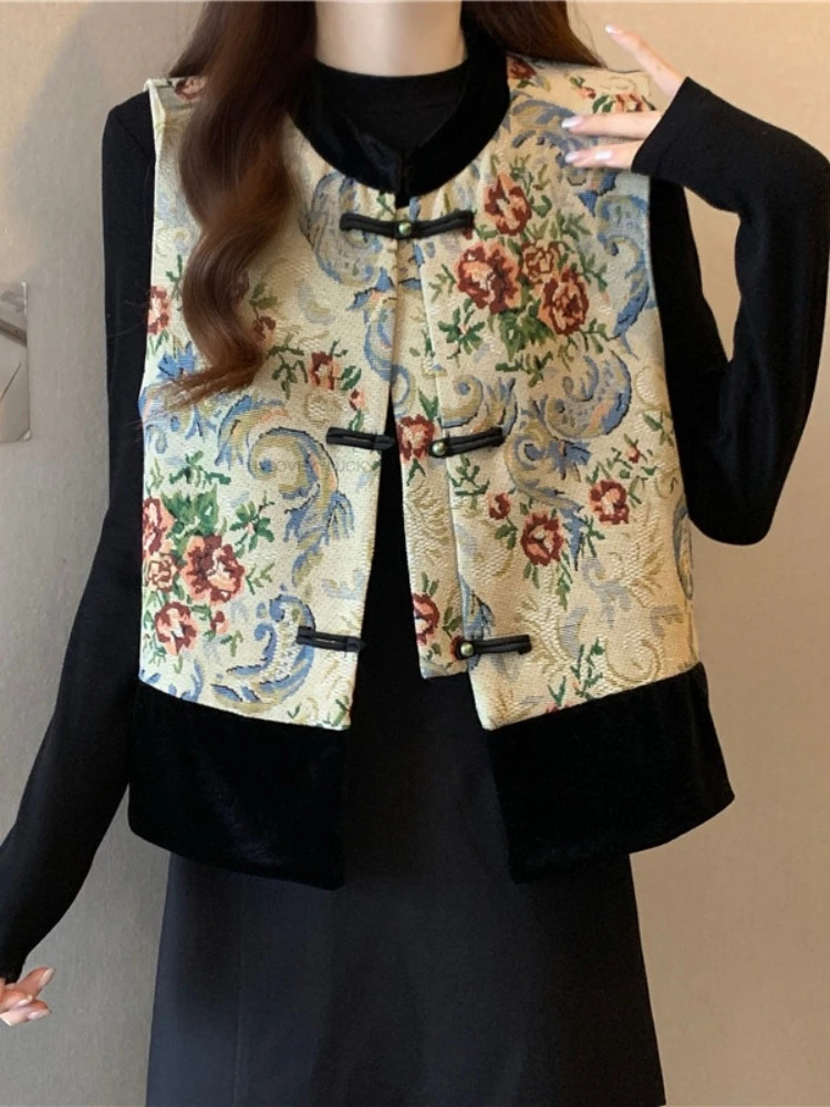 New Chinese Style Vest National Style Set For women's Unique Retro Buckle Tang Suit Skirt  Women Elegant Vest Traditional Vest