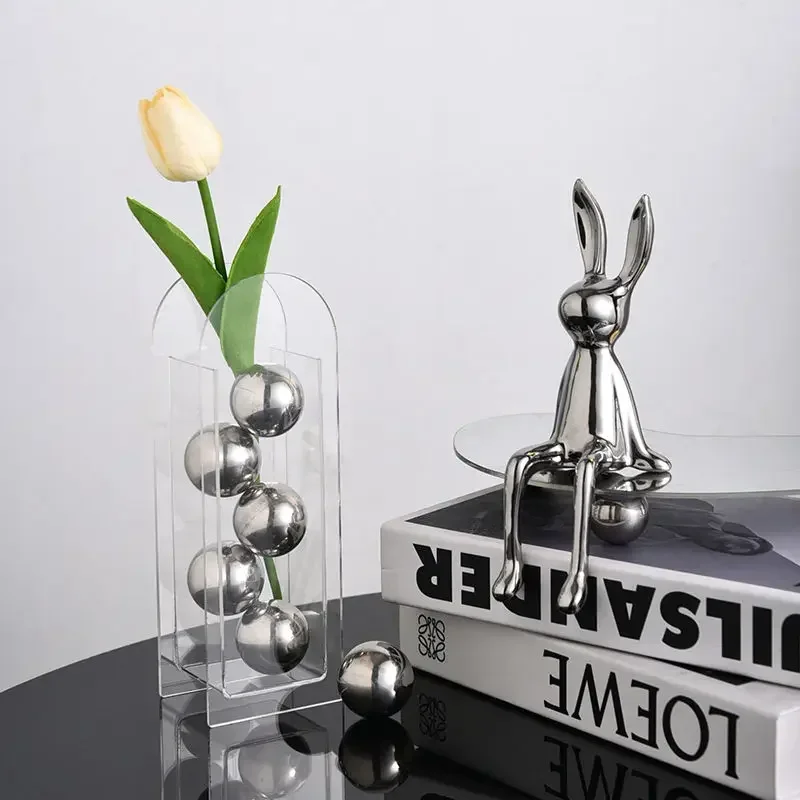 Creative Silver Round Ball Plastic Vase Modern Book Countertop Art Irregular Vase Flower Arrangement Container Home Decoration