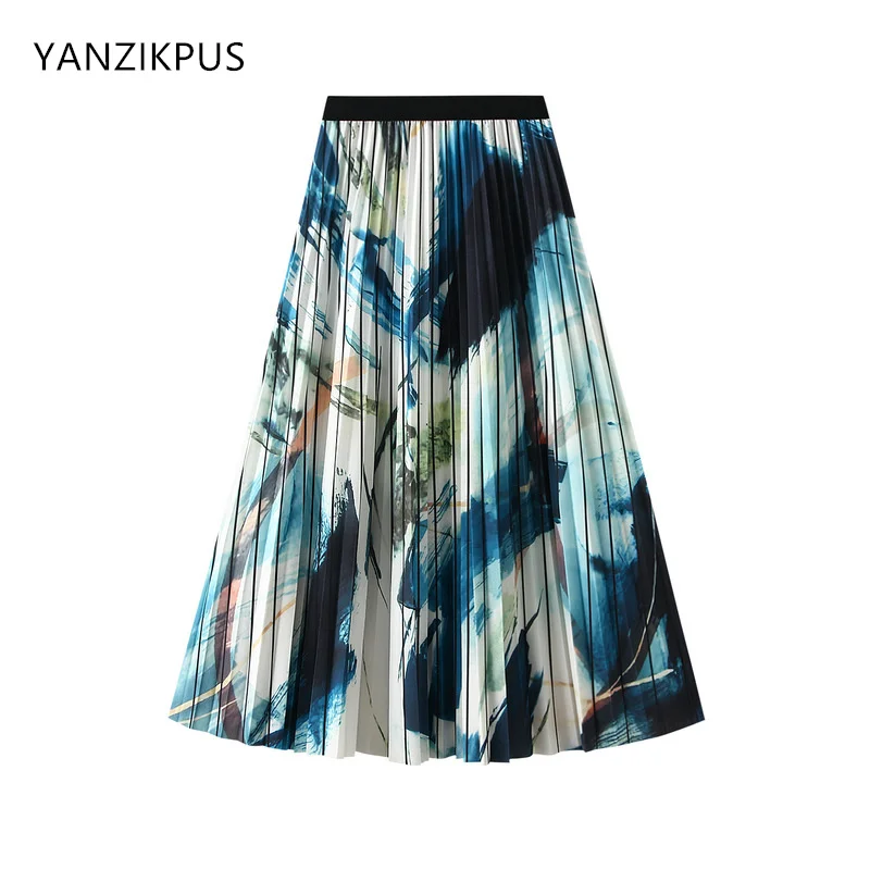 

Women's High Waist Slim A-Line Pleated Dress, Gradual Halo Dye Printed Chiffon, Mid Length Half Length Skirt, Korean Fresh, Autu