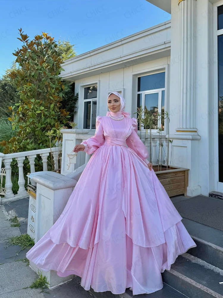 Vestidos de noite modestos hijab gola alta manga longa puff vestido de baile rosa vestido de festa de casamento convidado personalizado robes de soirée