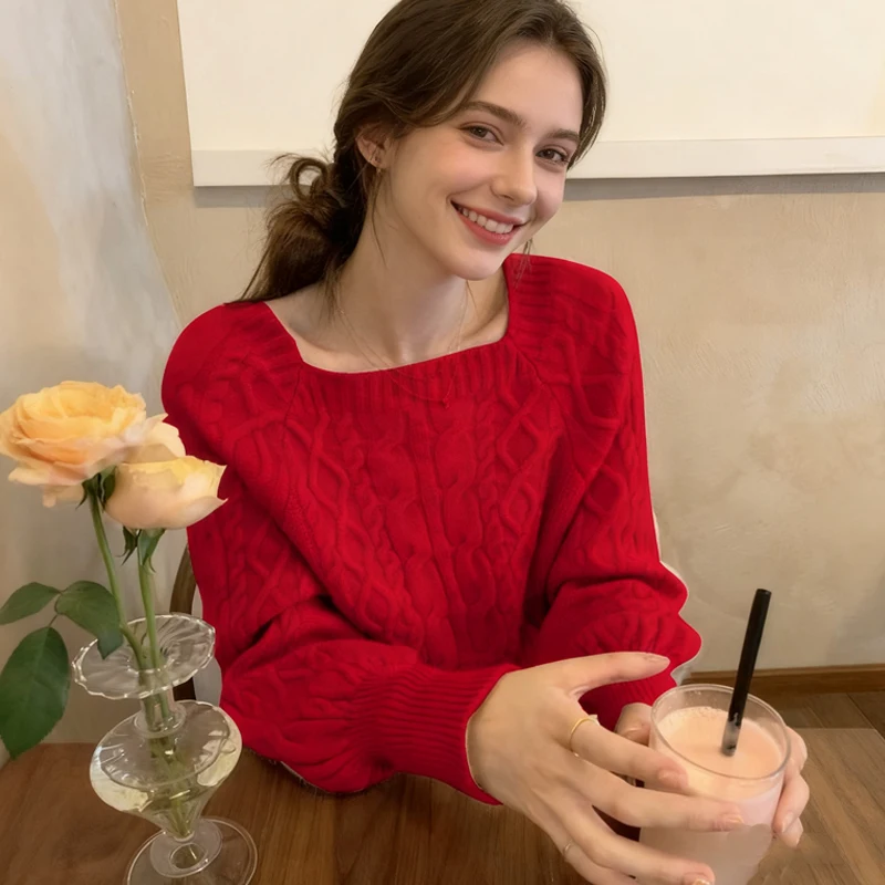 

New Square Neck Twist Loose Pullover Women Sweater Elegant Autumn and Winter Korean Style Knit Jumper Retro Fried Dough Tops