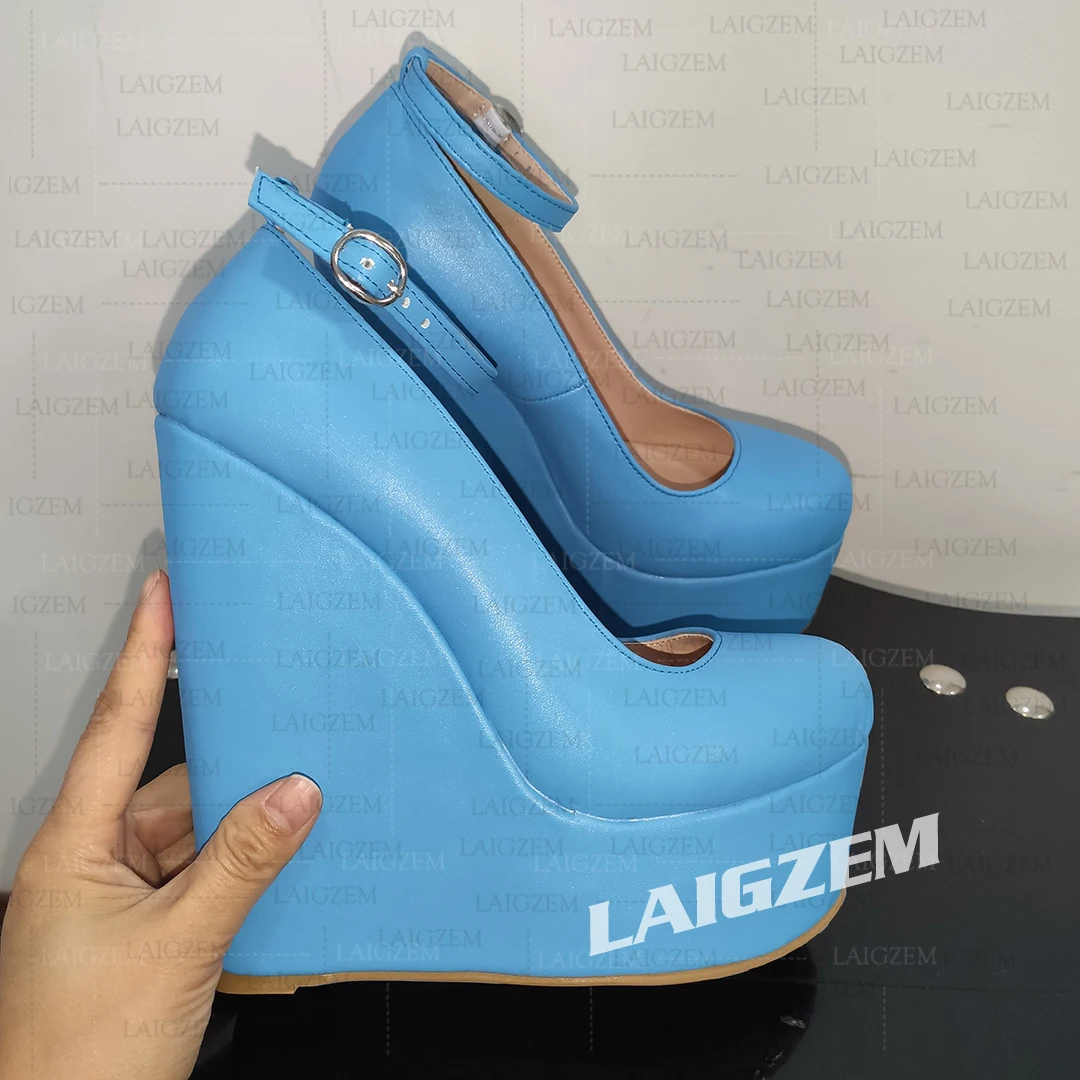 DOHBANER Women Pumps Round Toe Platform Wedges Heels Ankle Strap Height Increase Handmade Shoes Woman Big Size 39 42 45 47 52
