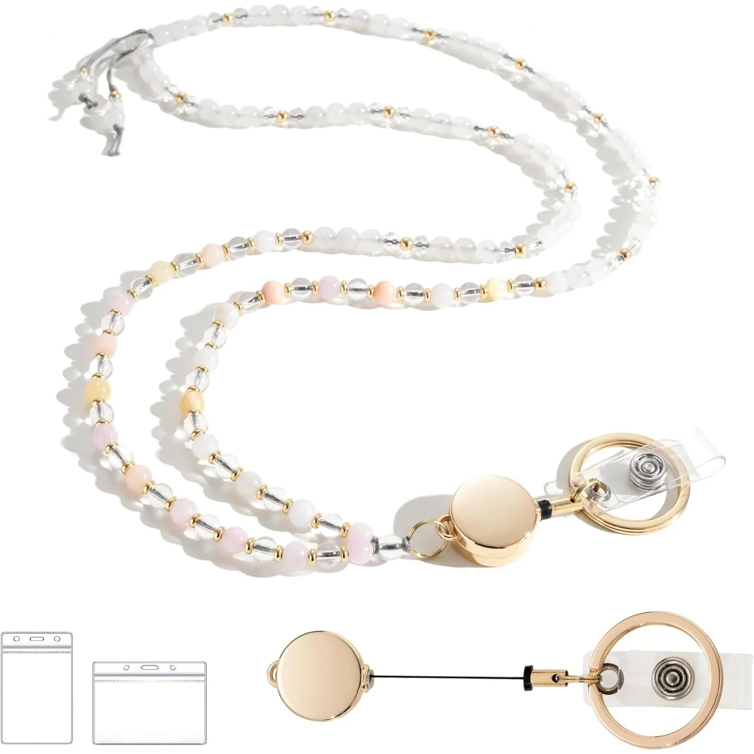 

1set Natural Pink Stone Crystal Teacher Lanyard with ID Badge Holder Retractable Neck Strap for Keys Gift for Women